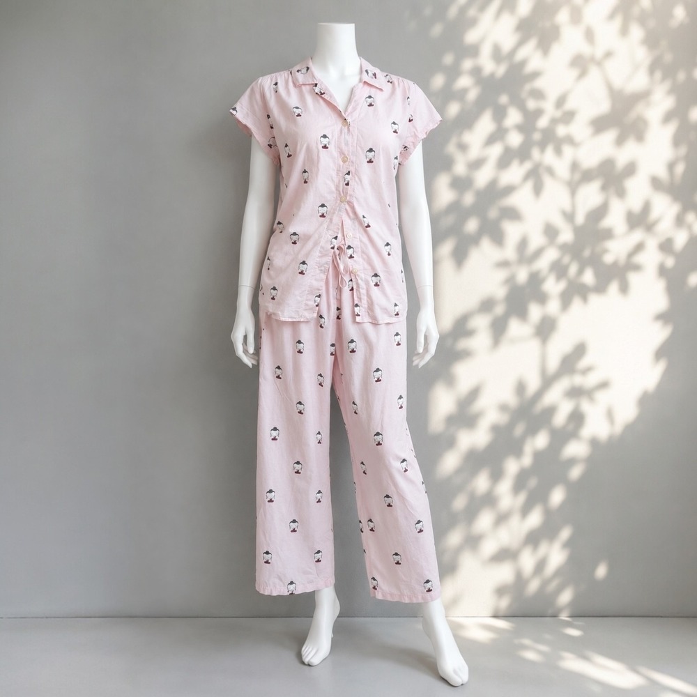 The Cats Pajamas Set L Pink Buddha Print 100% Cotton Button Top Pants